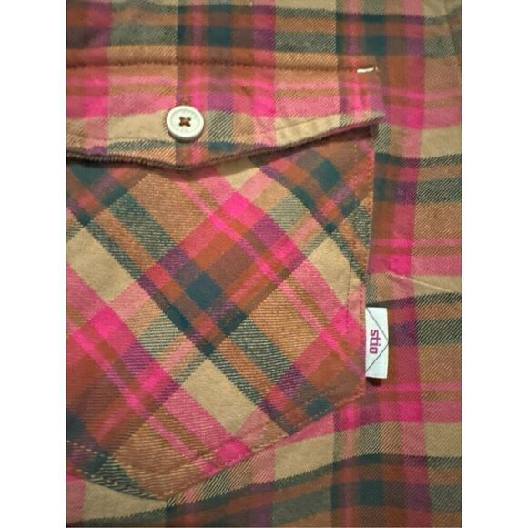 STIO Womens Plaid Long Sleeve Organic Cotton Flannel Button-up Shirt Pink Tan XL - Picture 4 of 6